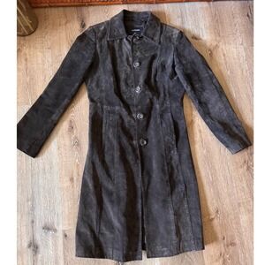 Vintage Express Brown Suede Leather Long Trench Coat Jacket Womens 5/6 90s Y2K